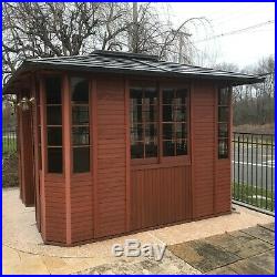 Hot tub gazebo, red wood with external lights, green metal roof And Sky Dome