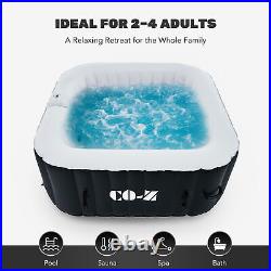 Portable Square 4 Person Inflatable Hot Tub Spa w 120 Jet Pump and Cover, Black