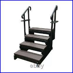 Step, Confer, Espresso withHand Rails, 36 Width, 4 Stairs, Black Side Panels And